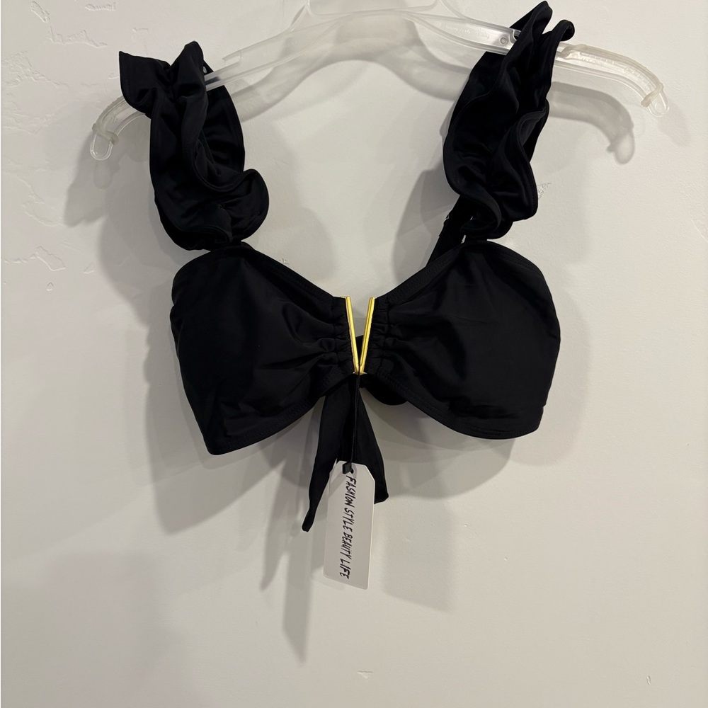Black Ruffle Sleeve Gold V Detail Bow Bottoms Tie Bikini High Waisted Size M NWT - Picture 5 of 6